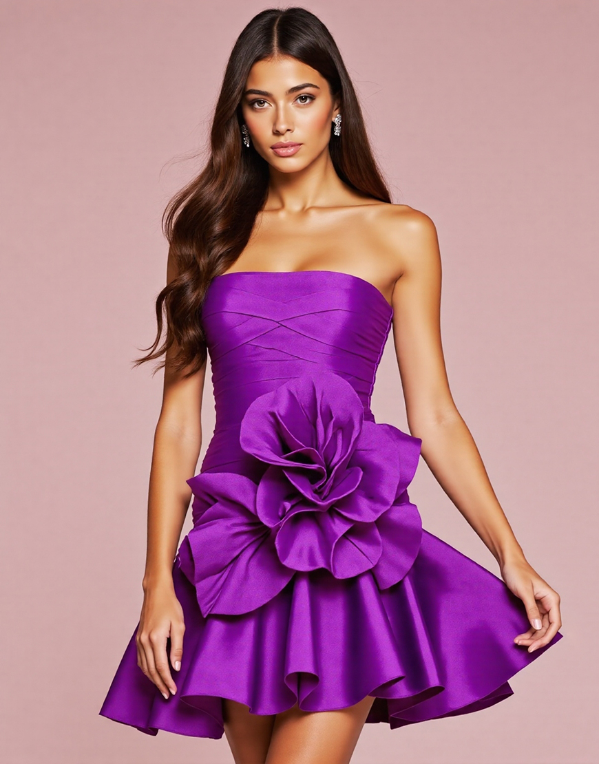 Dark Purple Satin Short Strapless Homecoming Dress with 3D Flower