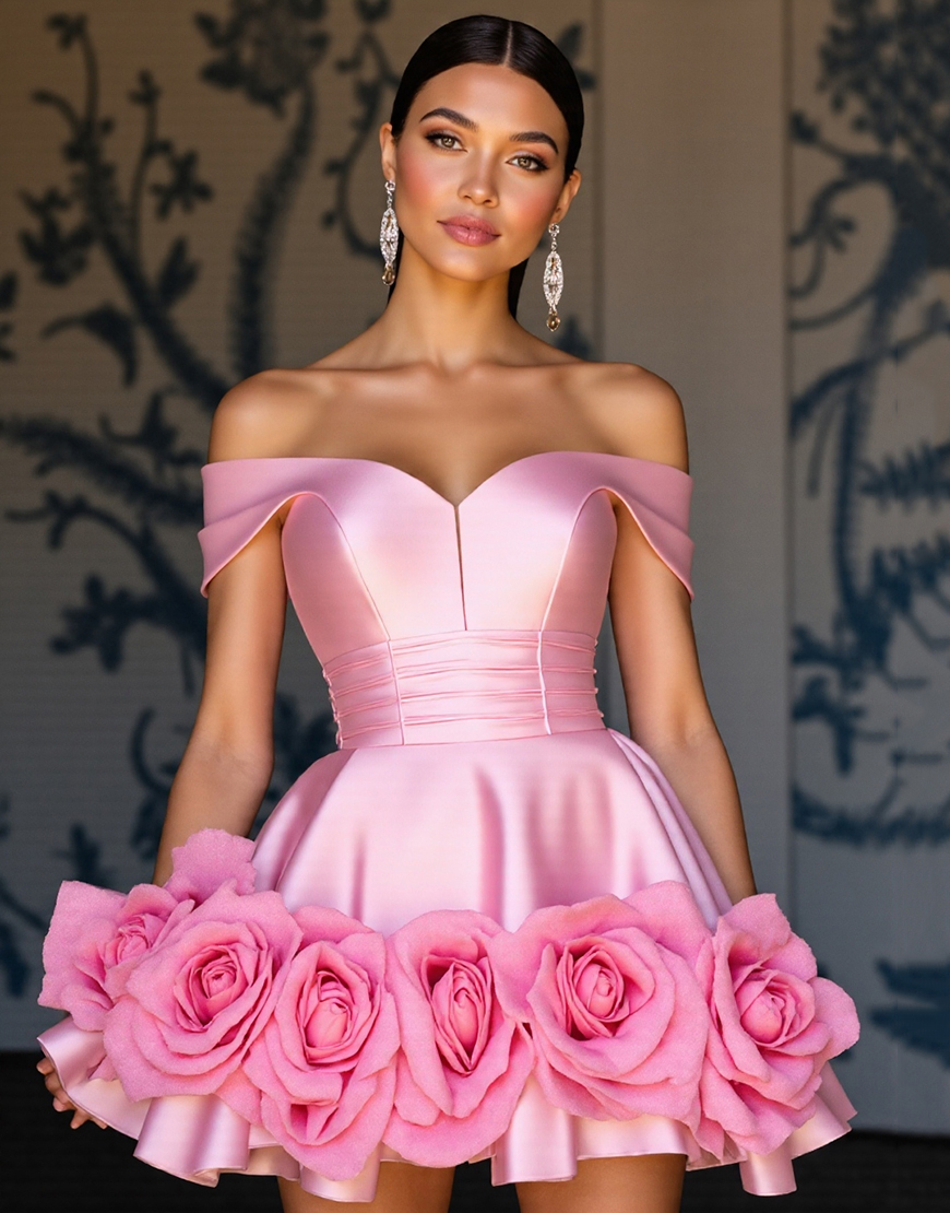 Pink A Line Floral Satin Short Homecoming Dress