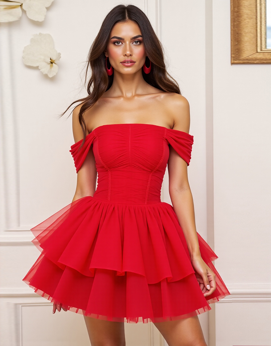 Red A Line Tulle Corset Tiered Short Homecoming Dress with Ruffles