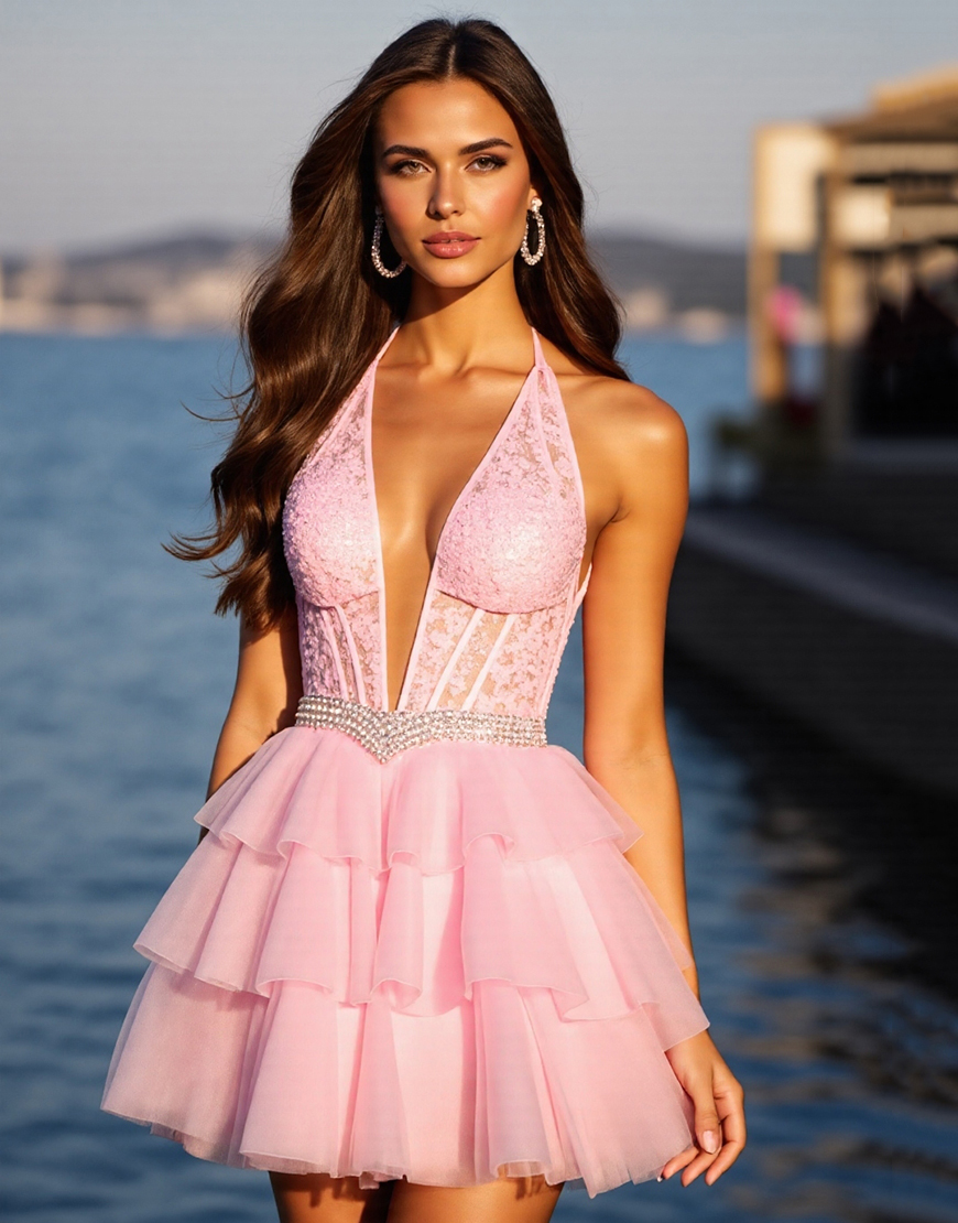 Sparkly Pink Corset Ruffled Tulle Short Homecoming Dress with Rhinestones