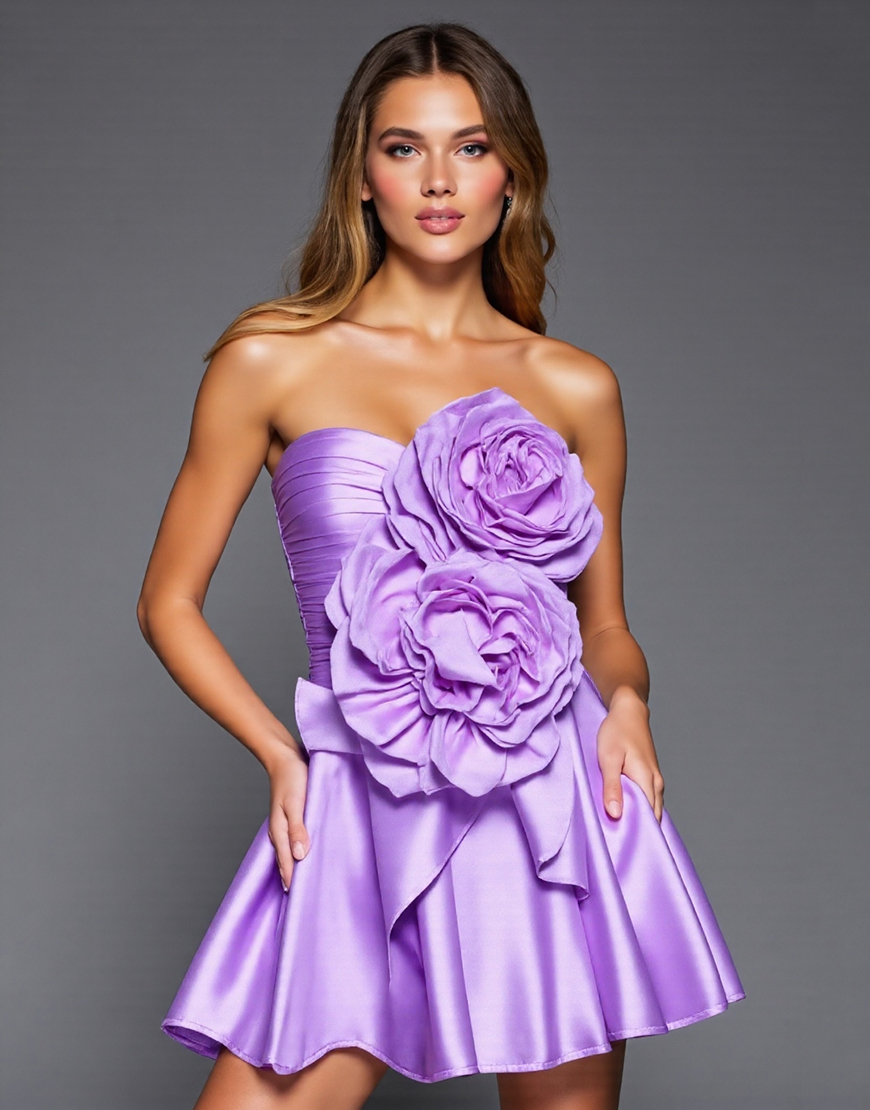 Purple Short Satin Strapless Homecoming Dress with 3D Flowers