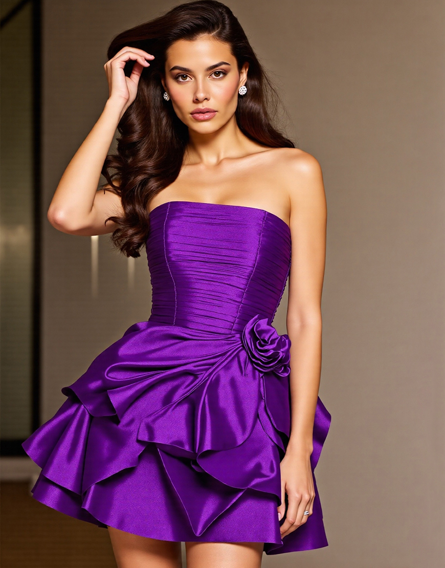 Dark Purple Short Floral Satin Homecoming Dress with Ruffles