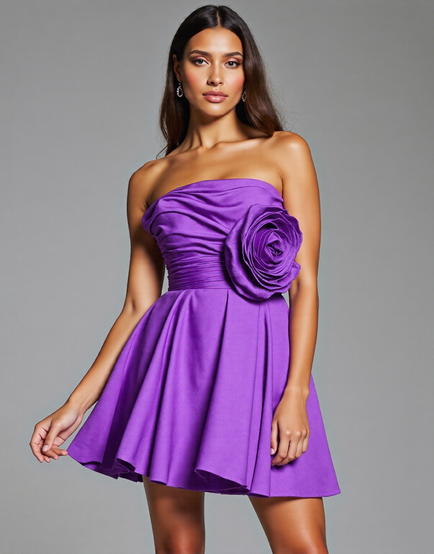 Purple Floral Strapless Satin Short Homecoming Dress