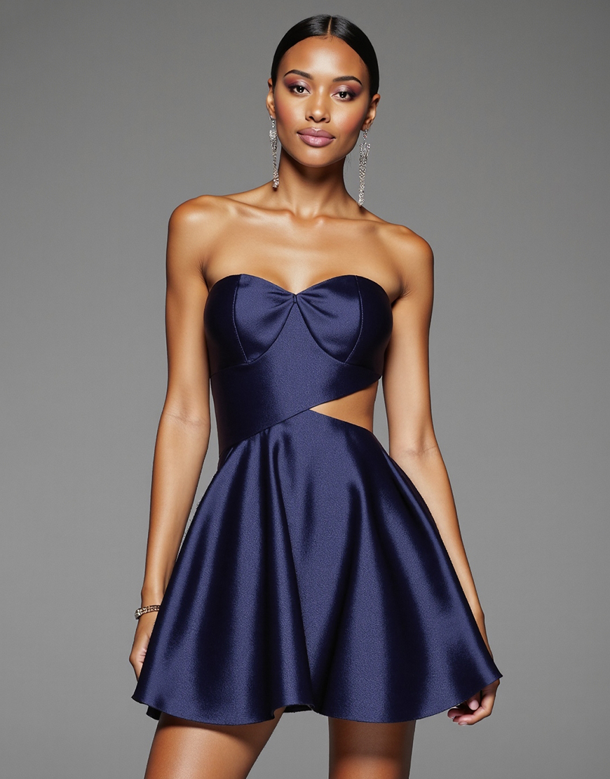 Navy A Line Cut Out Satin Short Homecoming Dress
