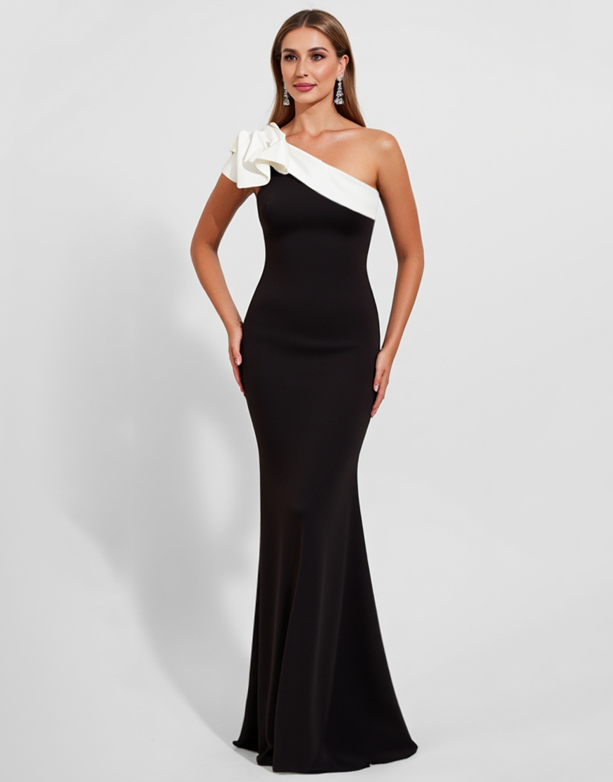 Black One Shoulder Satin Long Mermaid Formal Dress with Ruffles