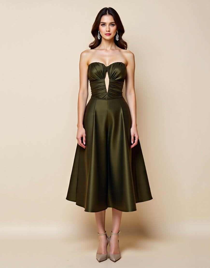 Olive Satin A Line Keyhole Strapless Midi Homecoming Dress