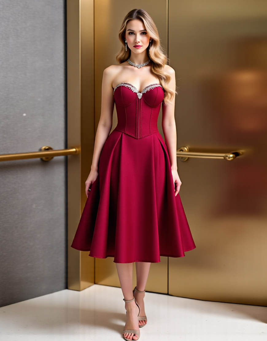 Dark Red A Line Corset Satin Midi Homecoming Dress with Beading