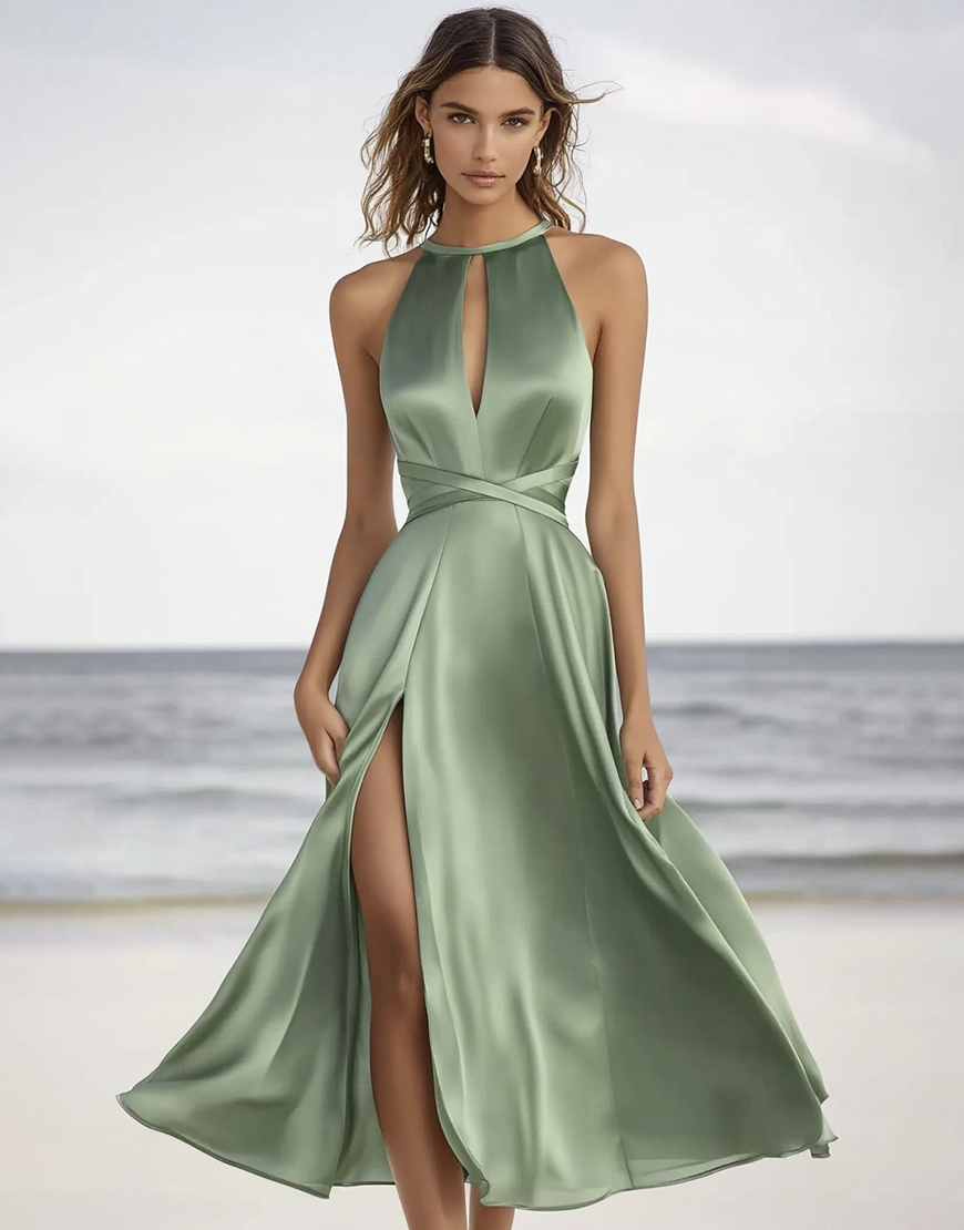 Dusty Sage High Neck Satin Semi Formal Dress with Slit