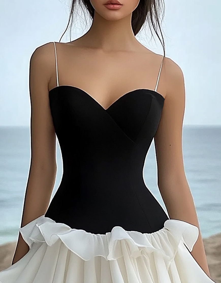 Black and White Short Chiffon Graduation Dress with Ruffles