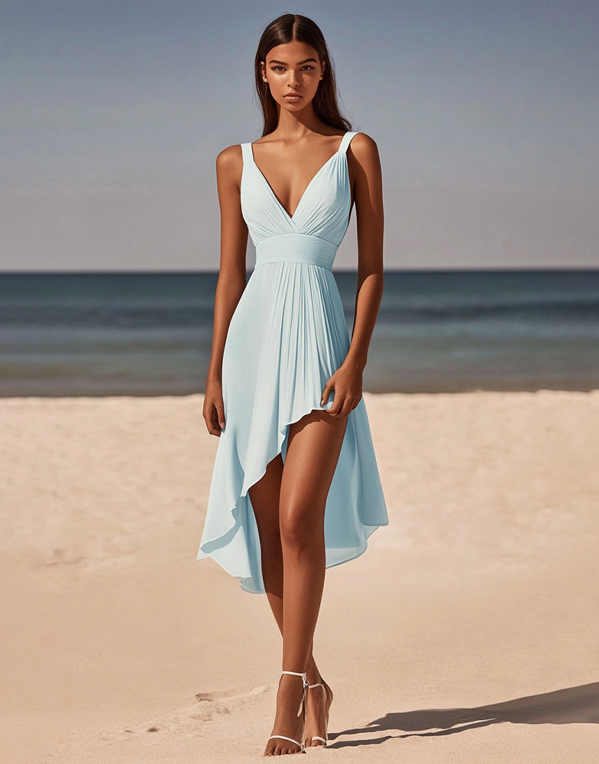 Sky Blue Ruched V Neck Chiffon Asymmetrical Short Graduation Dress