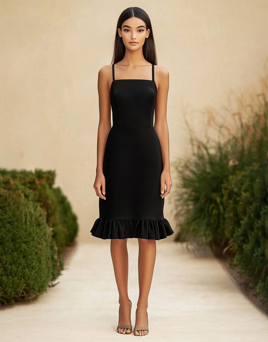 Black Satin Bodycon Midi Formal Dress with Ruffles