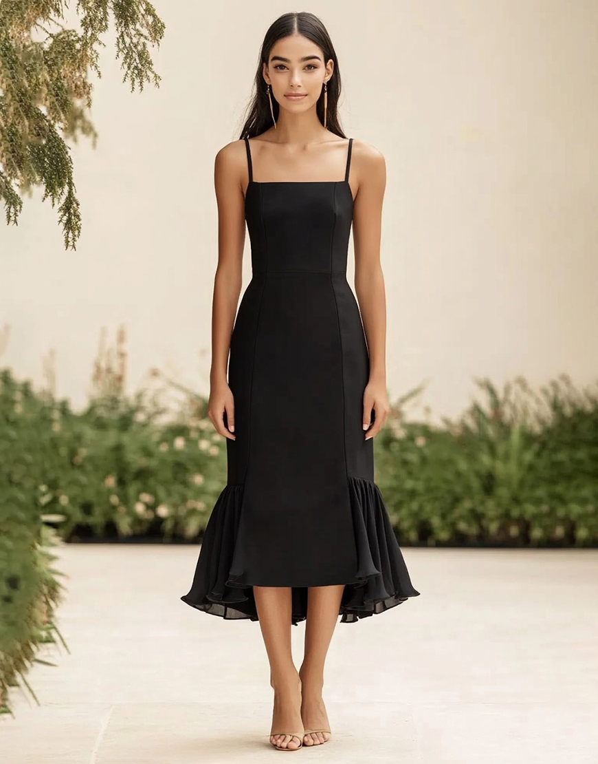 Black Satin Mermaid Long Formal Dress with Ruffles