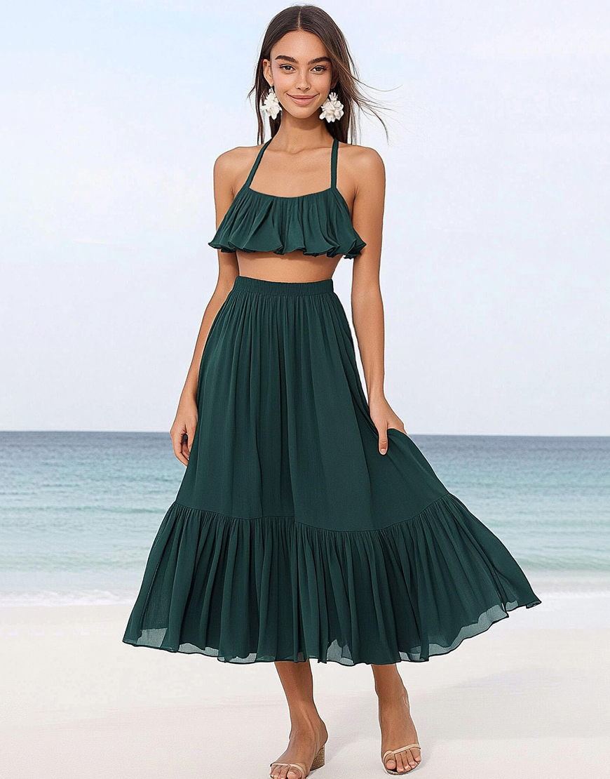 Dark Green Chiffon A Line  Two Piece Boho Maxi Dress with Ruffles