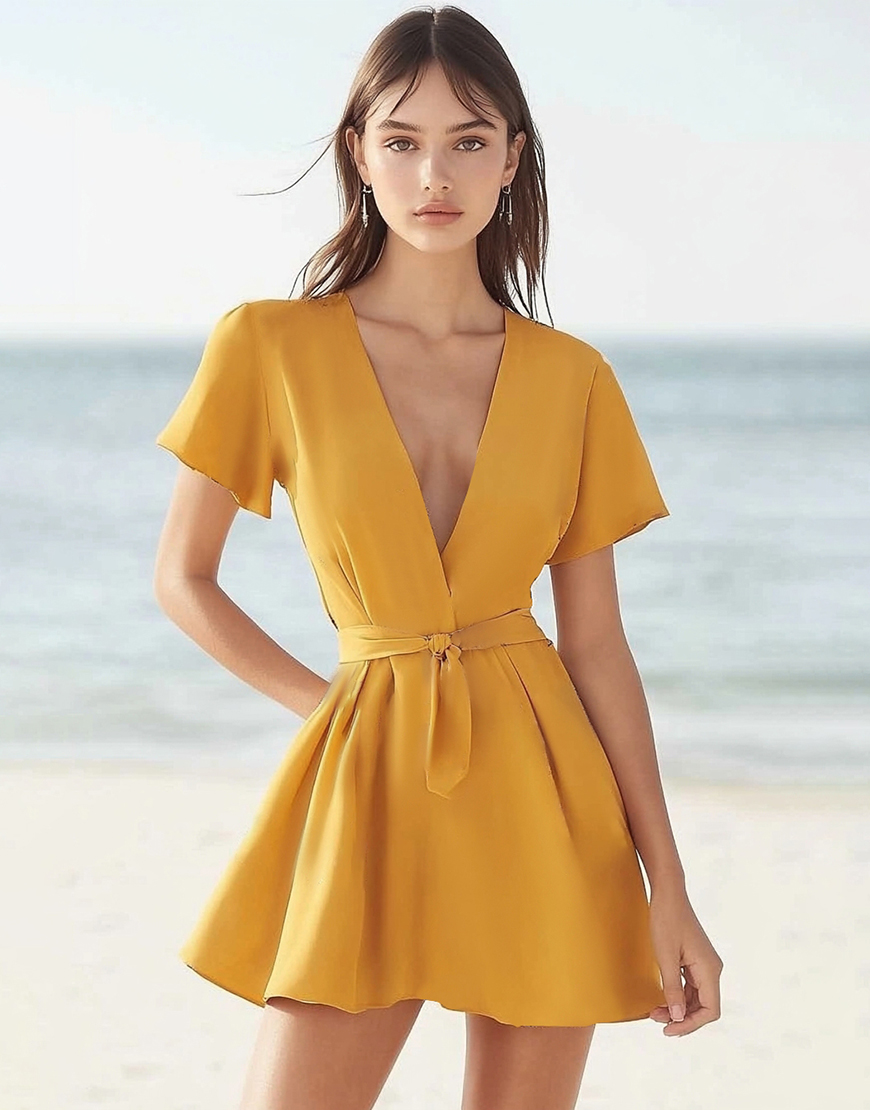 Yellow Satin V Neck A Line Short Cocktail Dress with Sash