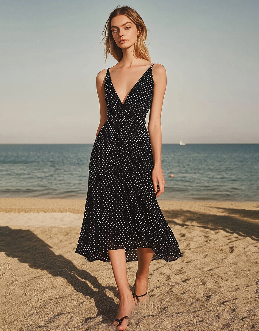 Black and White Dots Chiffon V Neck A Line Boho Maxi Dress