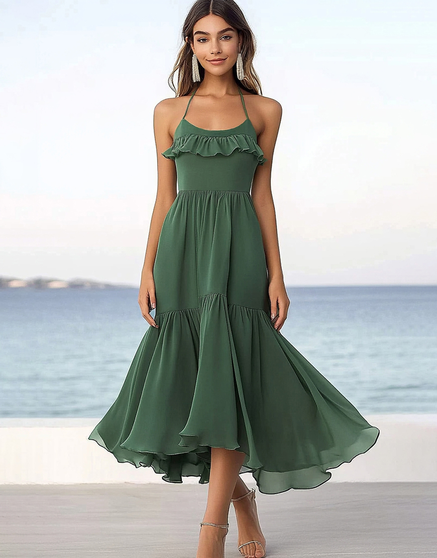 Eucalyptus Halter A Line Chiffon Boho Maxi Dress with Ruffles