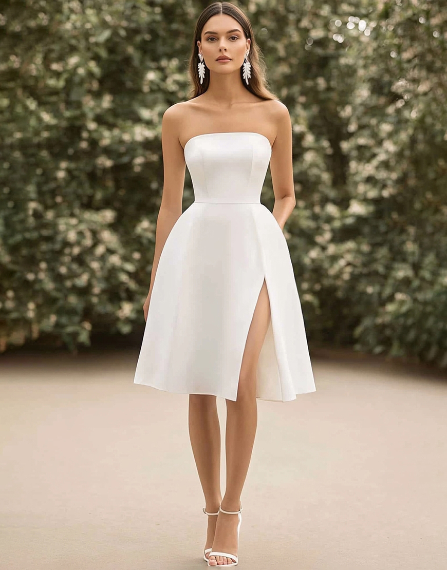 White Satin A Line Short Boho Graduation Dress with Slit