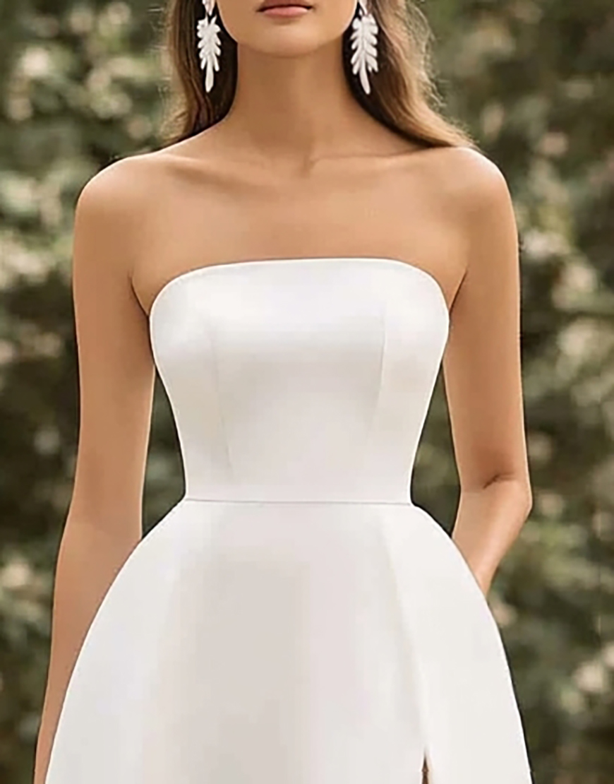 White Satin A Line Short Boho Graduation Dress with Slit