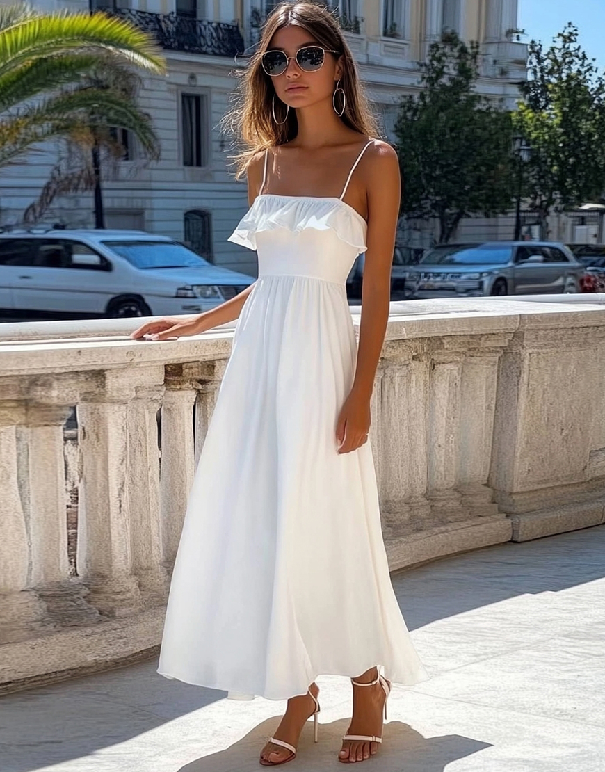 White A Line Spaghetti Straps Long Boho Dress with Ruffles