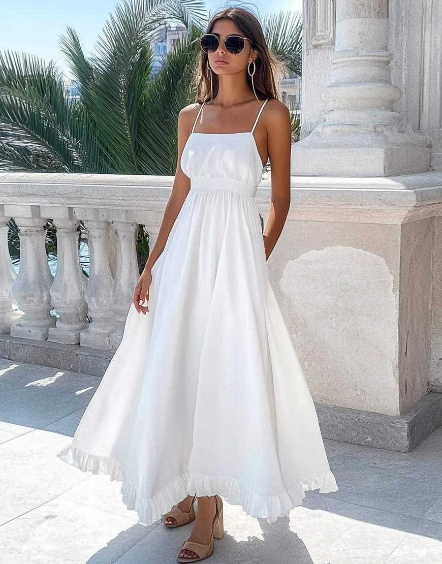 White A Line Maxi Boho Dress with Ruffles