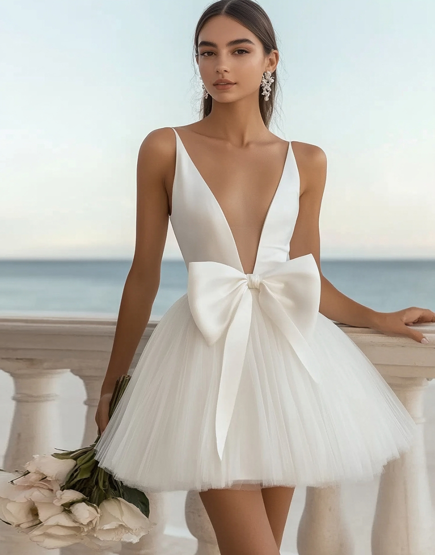 White Tulle Short A-Line Short Graduation Dress with Bow