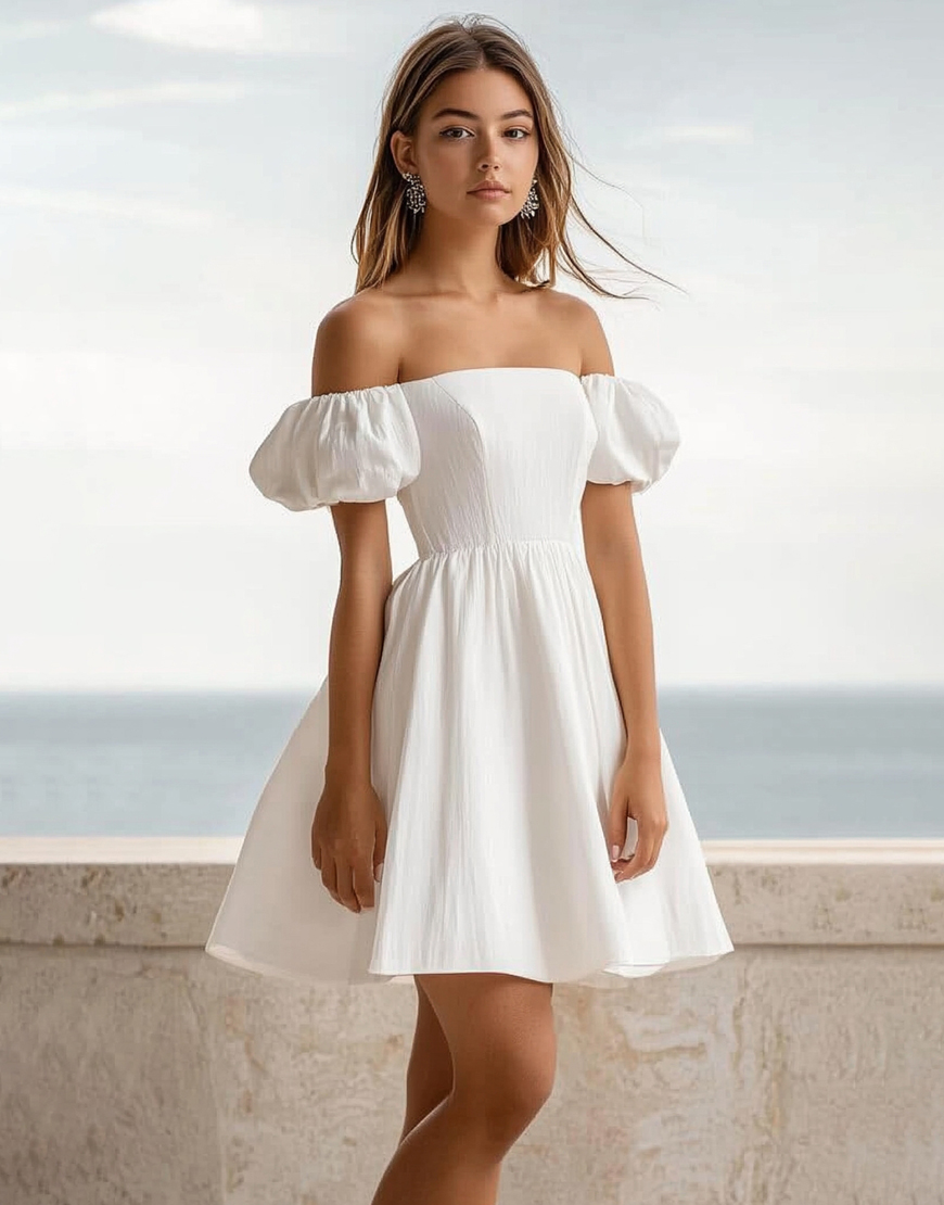 White A Line Puff Sleeves Short Graduation Dress