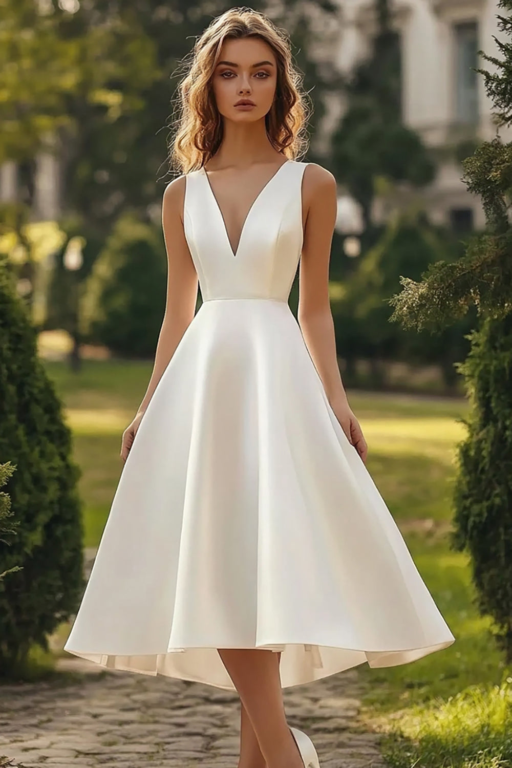 White Satin Midi V Neck A Line Graduation Dress