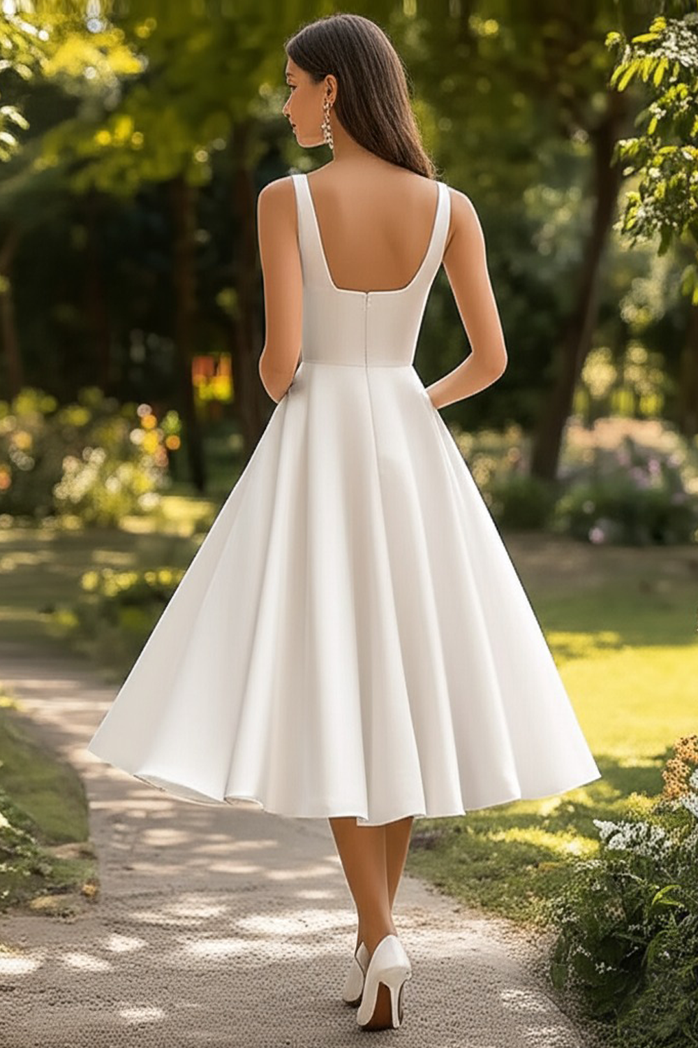 White Satin Scoop Neck Midi A Line Graduation Dress