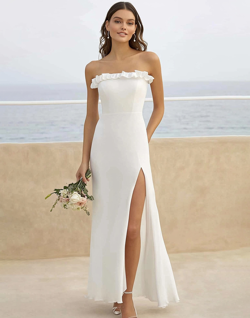 White Chiffon Sheath Long Engagement Dress with Slit