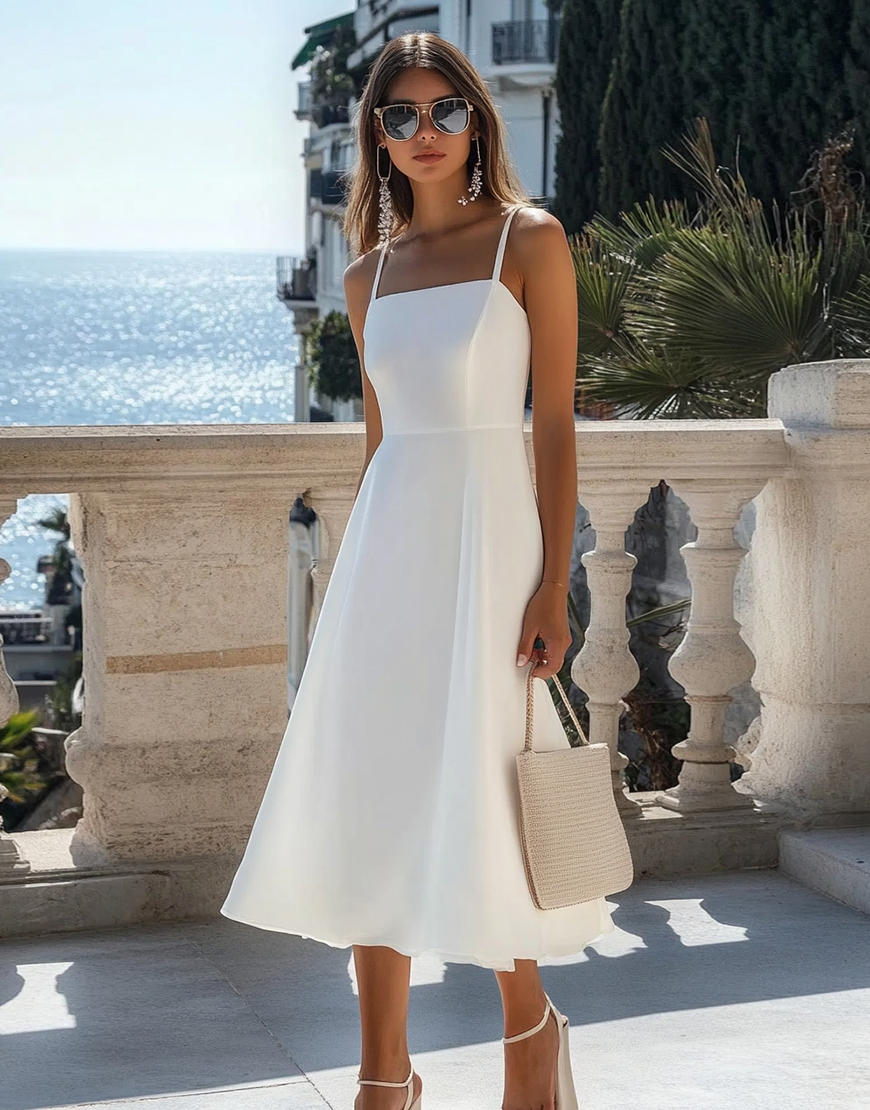 White A Line Spaghetti Straps Satin Midi Graduation Dress