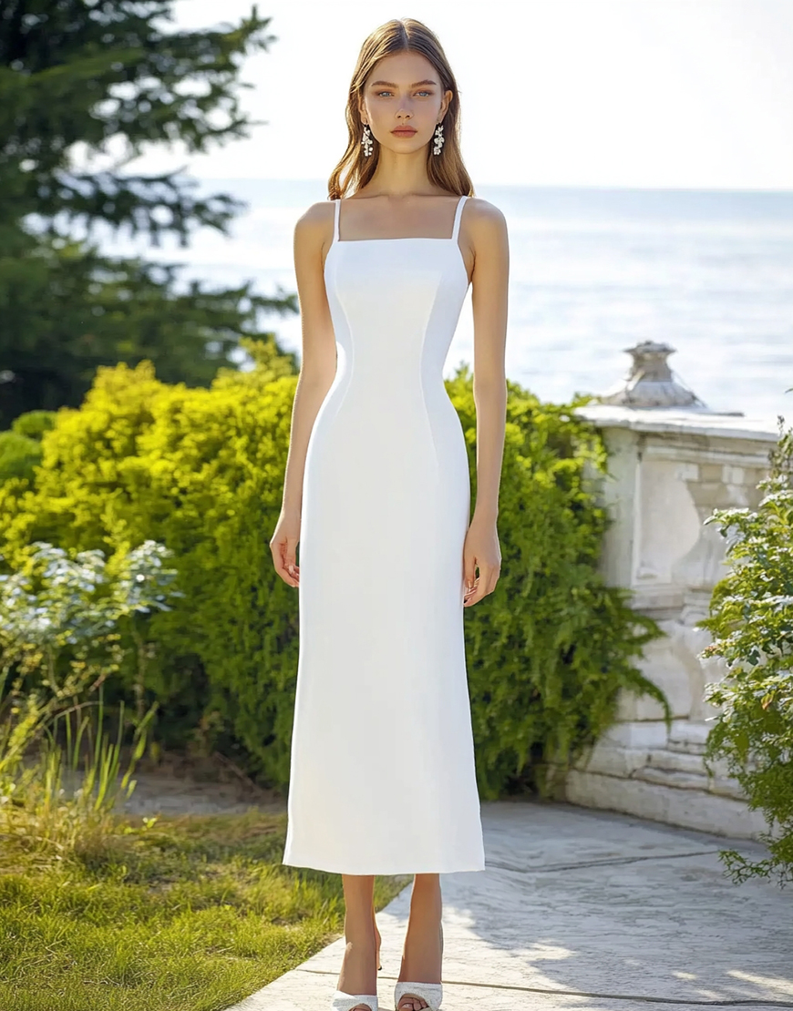 White Sheath Satin Spaghetti Straps Long Engagement Dress