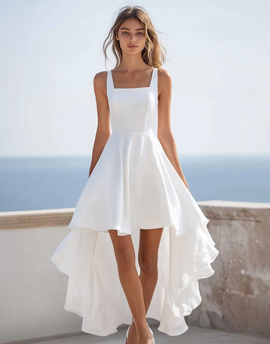 White Square Neck Satin High Low Graduation Dress with Ruffles