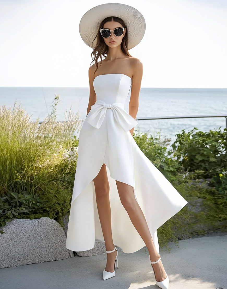 White A Line High Low Satin Graduation Dress with Bow