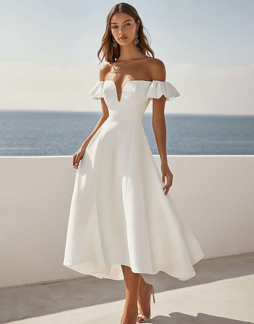 White A Line Short Sleeves Satin Long Engagement Dress