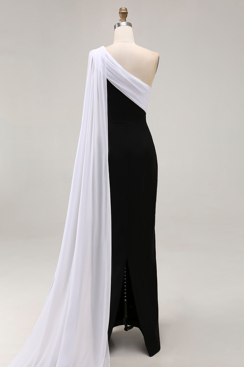 Black White Sheath One Shoulder Long Satin Prom Dress with Side Cape