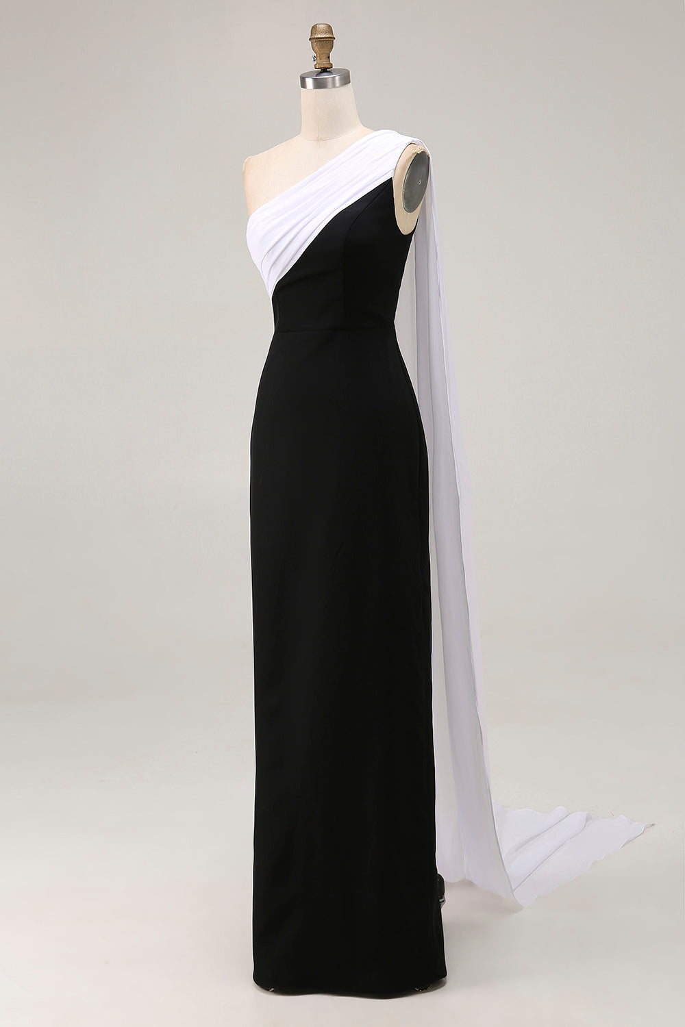 Black White Sheath One Shoulder Long Satin Prom Dress with Side Cape