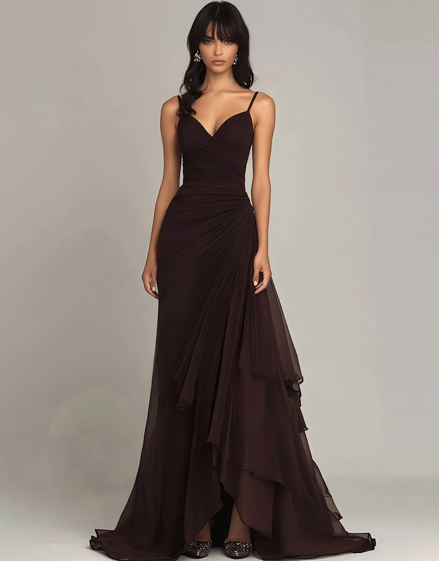 Dark Brown Spaghetti Straps Chiffon Ruffled Long Formal Dress