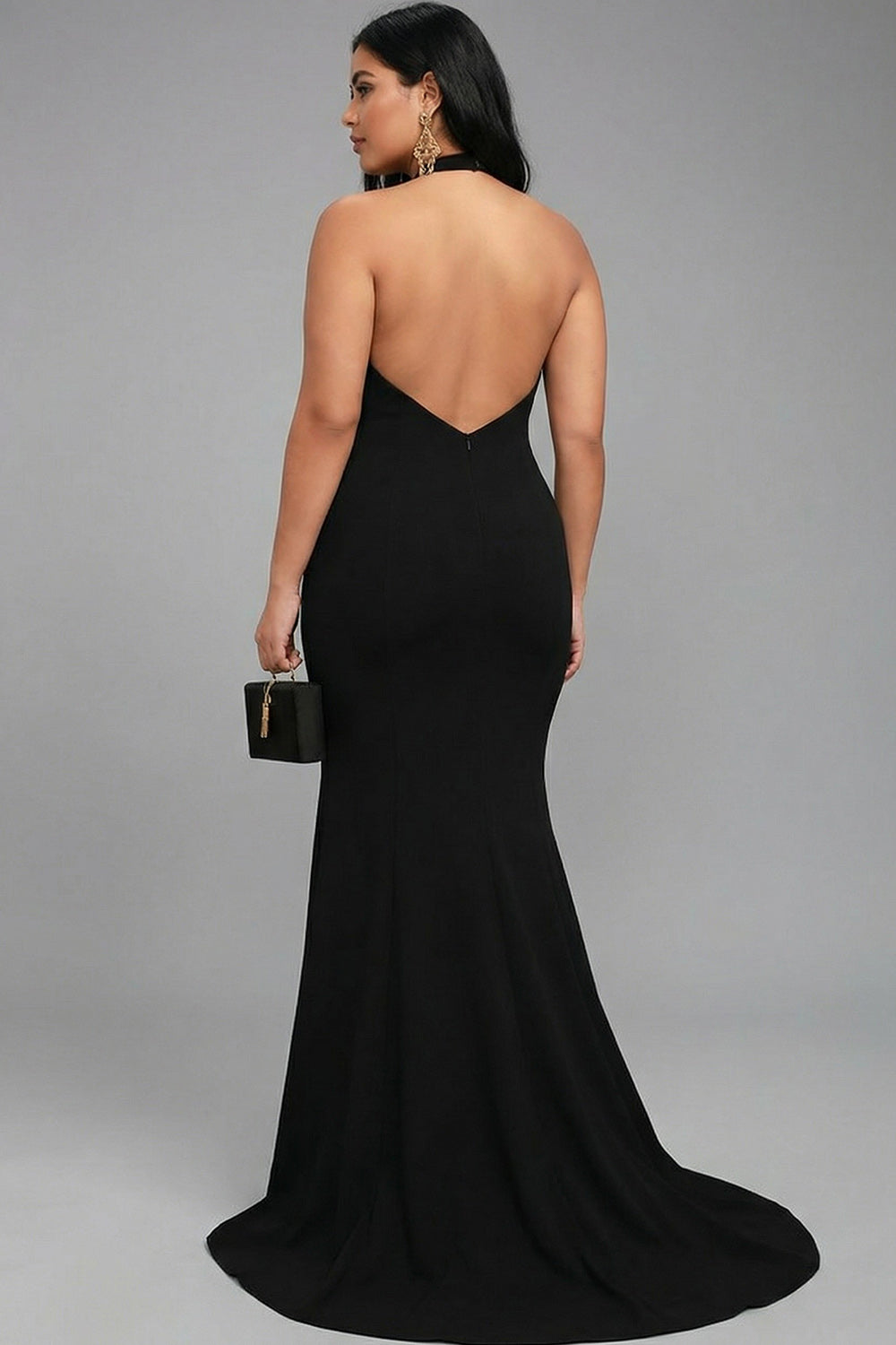 Black Mermaid Halter Neck Long Satin Prom Dress with Slit