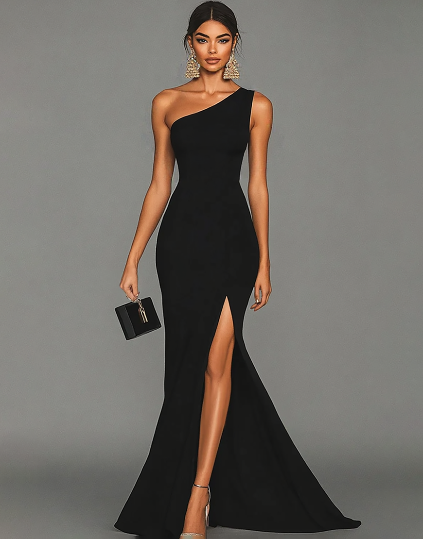 Black One Shoulder Mermaid Satin Long Formal Dress with Slit