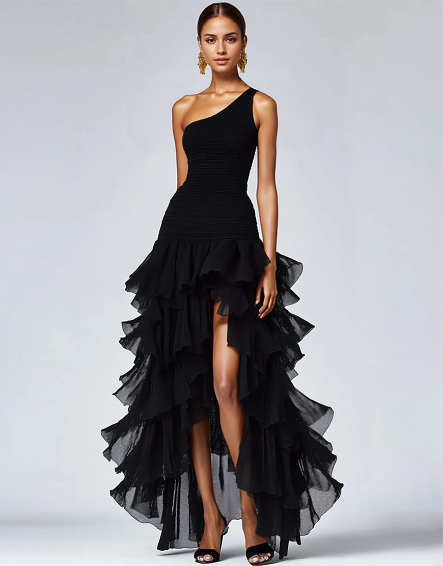 Black One Shoulder Organza High Low Formal Dress with Ruffles