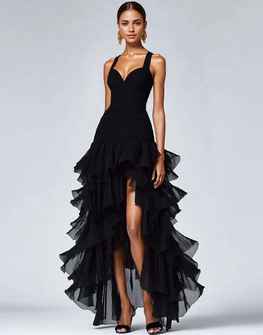 Black Organza A Line Ruffled Long Formal Dress