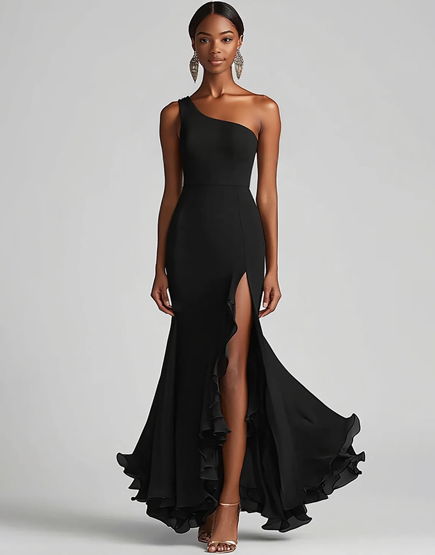 Black One Shoulder Chiffon Mermaid Long Formal Dress with Slit