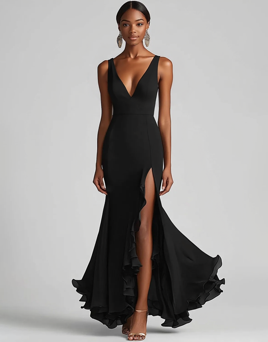 Black Mermaid V Neck Chiffon Long Formal Dress with Slit