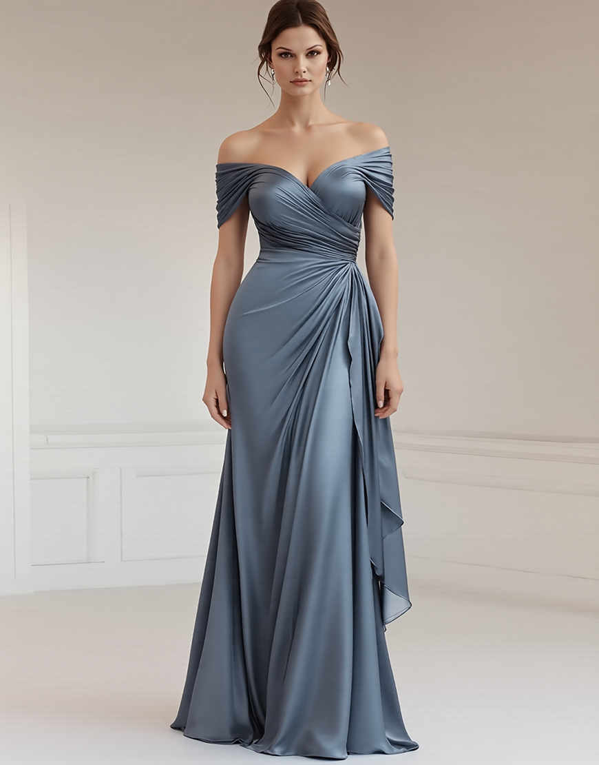 Grey Blue Off the Shoulder Sheath Satin Long Formal Dress