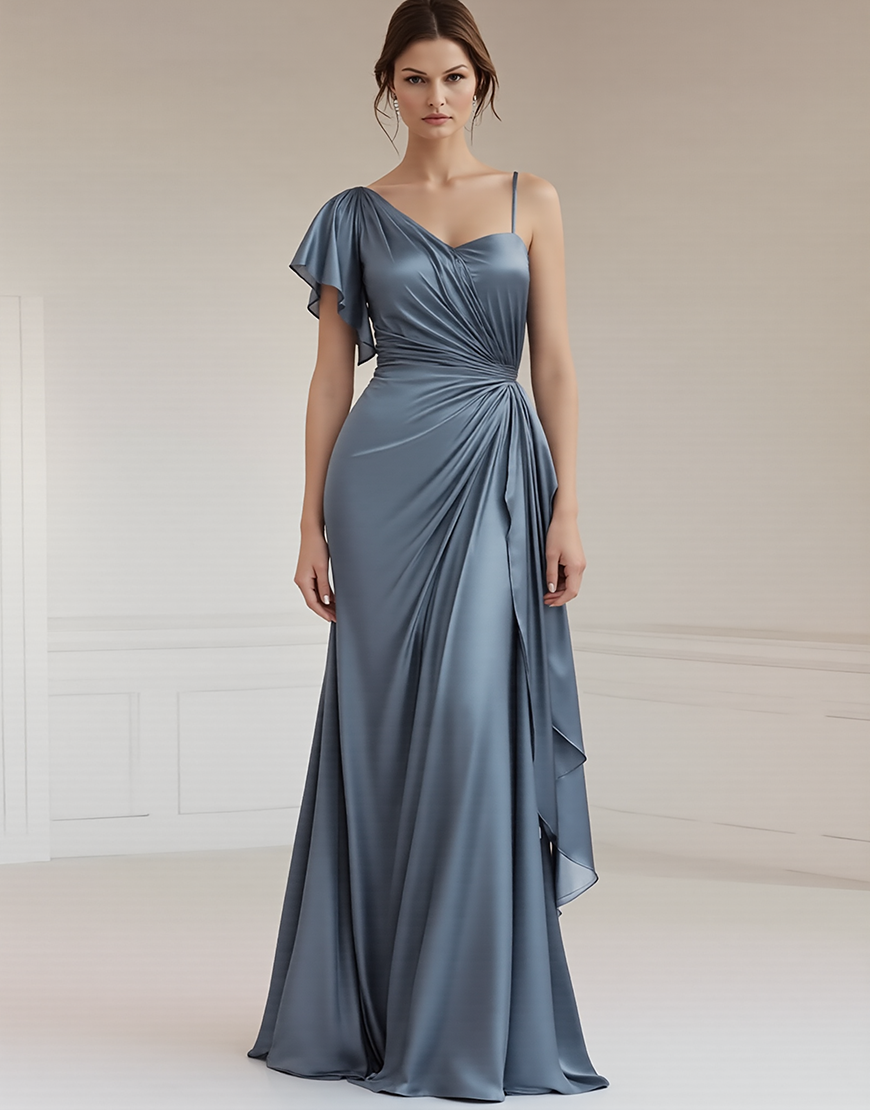 Grey Blue Sheath Asymmetrical Satin Long Formal Dress with Ruffles