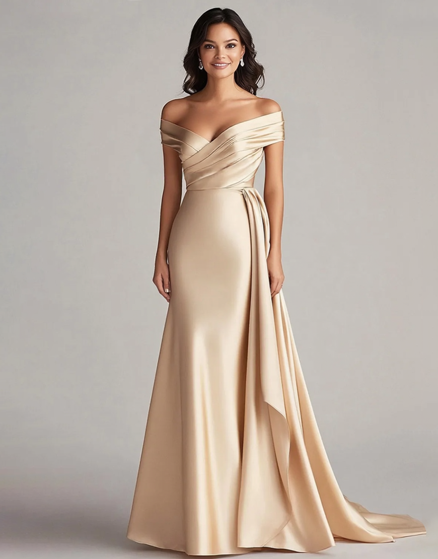 Champagne Off the Shoulder Satin Mermaid Long Formal Dress