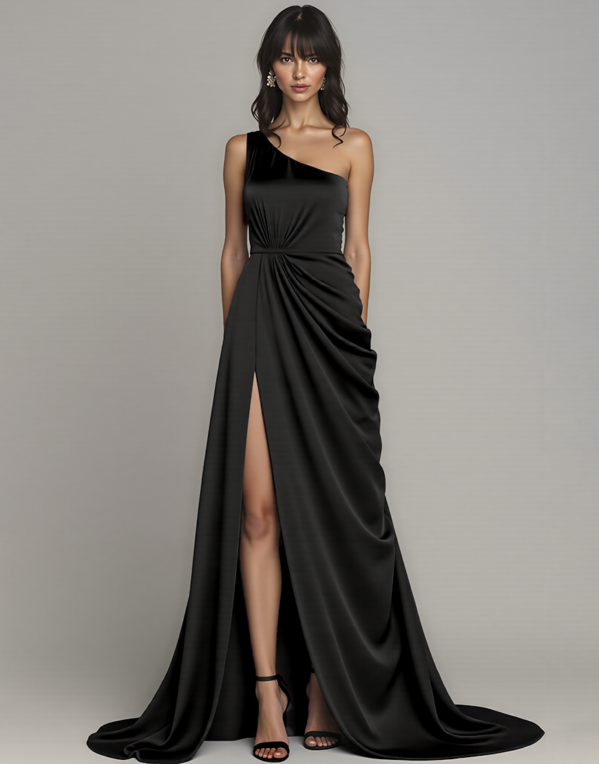 Black One Shoulder A Line Long Satin Formal Dress with Slit
