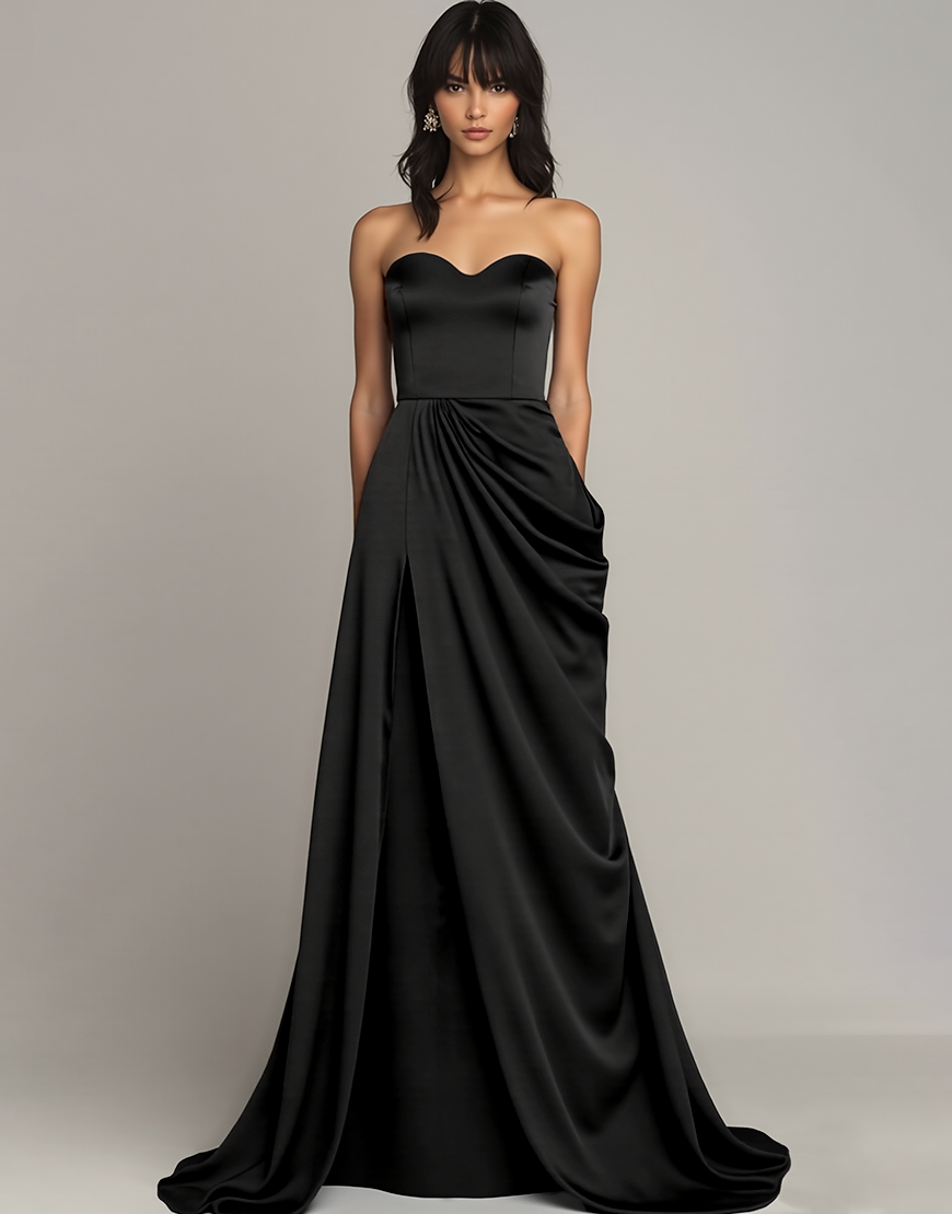 Black Satin A Line Sweetheart Long Formal Dress