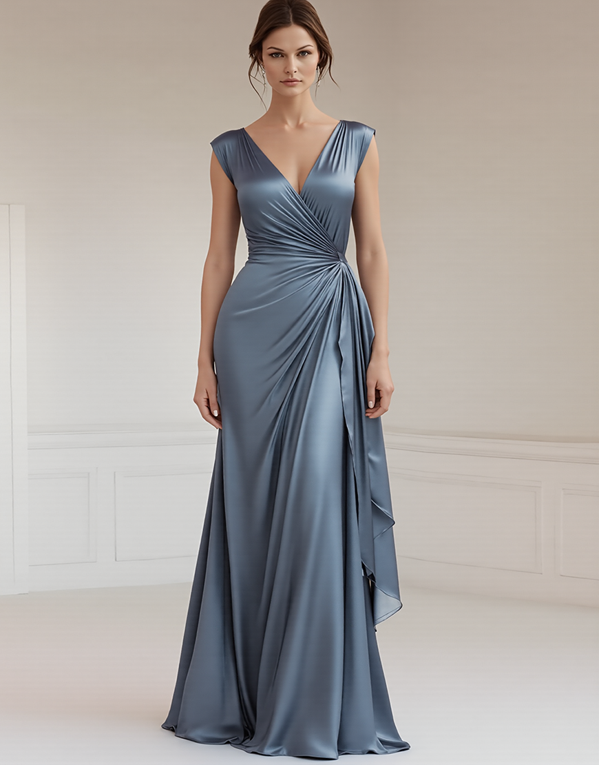 Grey Blue V-Neck Sheath Long Ruched Formal Dress with Ruffles