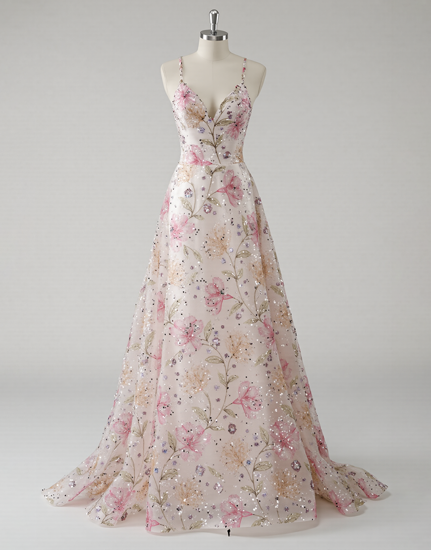 Pink A Line V-Neck Floral Long Prom Dress with Beading
